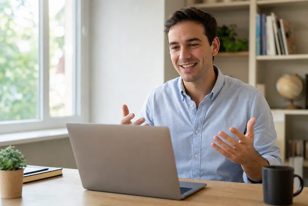 The same candidate, calm and confident in an interview
